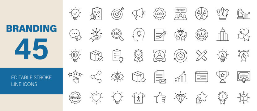 Branding icon set. Containing marketing, product, brand value, design, logo, brand development, advertising, strategy, social media, loyal customer and more. Editable line icons. Vector illustration.