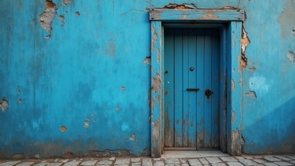 Weathered turquoise blue door embedded in a textured, peeling wall, evocative of old world charm