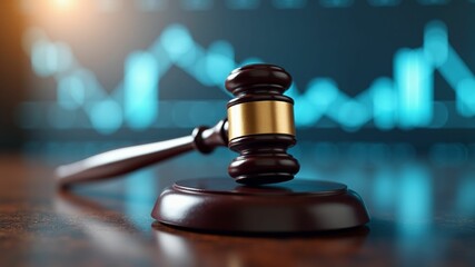 A dark wooden gavel rests on a sound block against a blurred blue financial graph background. Justice and the economy. Financial crime. White collar crime.