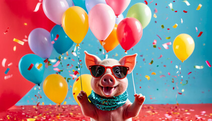 piglet wearing sunglasses holding happy birthday balloons and confetti explosion flying around on solid background (1)