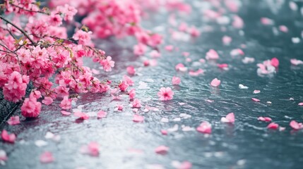 Obraz premium Serene scene of pink cherry blossoms gently floating on a reflective water surface