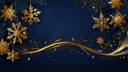 Naklejka premium Golden snowflakes hanging from pine branches on dark blue Christmas background
