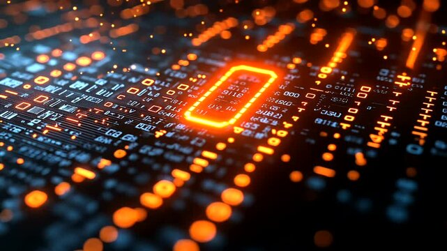 Abstract digital landscape showcasing glowing binary code with vibrant orange highlights on a dark background