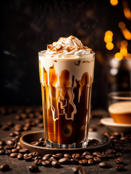 Delicious cold coffee drink topped with whipped cream served in a glass on a dark table with coffee beans scattered