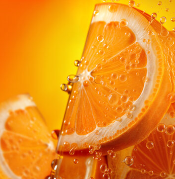 Citrus slices splash in sparkling water with vibrant orange background