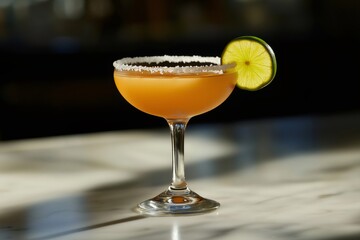 Refreshing margarita cocktail featuring a salted rim and a vibrant lime slice, elegantly displayed on a sleek marble bar counter