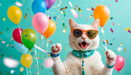 white cat wearing sunglasses holding happy birthday balloons and confetti explosion flying around on solid background (4)