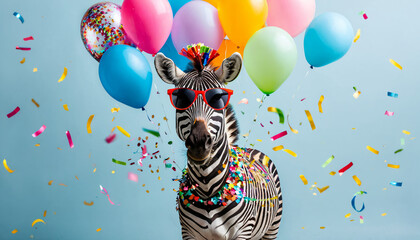zebra wearing sunglasses holding happy birthday balloons and confetti explosion flying around on solid background (3)