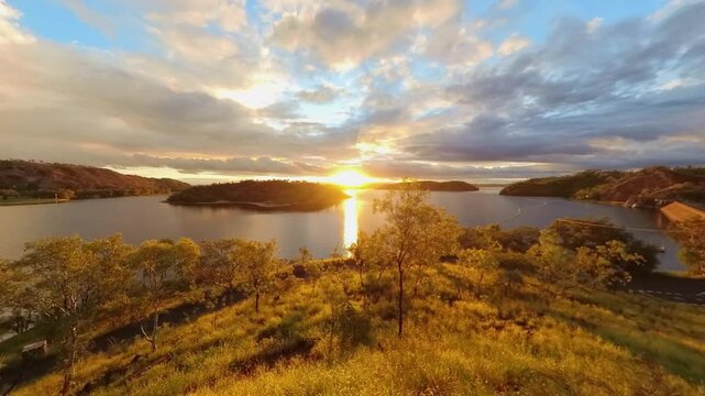 Lake Moondarra, sunset, Mount Isa, Queensland Australia, outback landscape scenery, visit tourism travel destination, 360 degree video