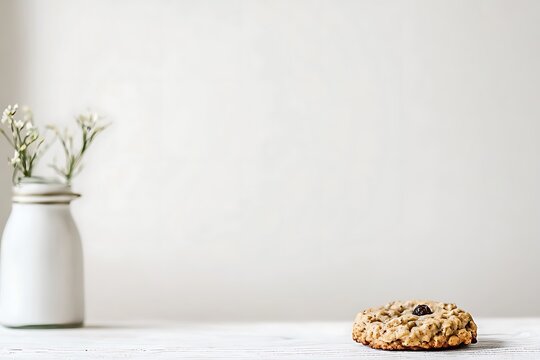 Single Oatmeal Cookie with White Flowers on White Background - Minimalist Food Photography.