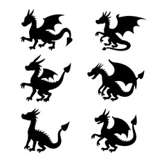dragon silhouette set with symbols and wings