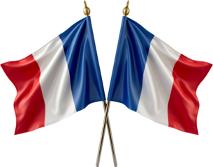 Crossed French Flags, Gold Pole, Transparent Background.