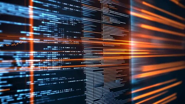 Abstract digital data visualization with glowing lines and binary code, representing technology and innovation