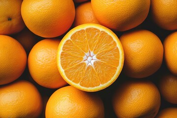 Ripe. bright orange oranges that cover the entire area. There is one orange on top, divided in half