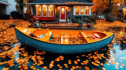 Obraz premium Autumnal scene canoe filled with leaves on water before house