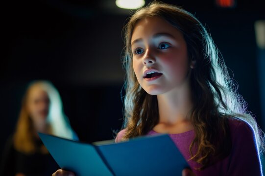Girl reading a script and rehearsing her lines during theater play rehearsal with her instructor