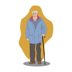 vector of an old man standing with a stick and smiling