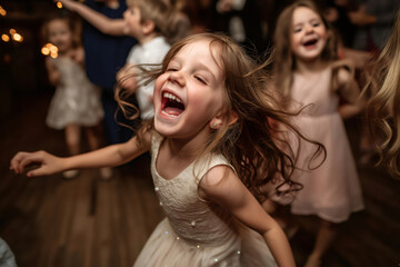 Carefree little girl laughing while dancing with other children at a party, enjoying the music and the company