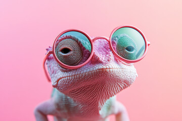 A charming chameleon wearing cute pink sunglasses poses against a pastel background, showcasing its vibrant colors.