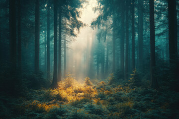 Fototapeta premium An ethereal forest bathed in mist and soft light creates a serene and magical atmosphere for nature lovers.