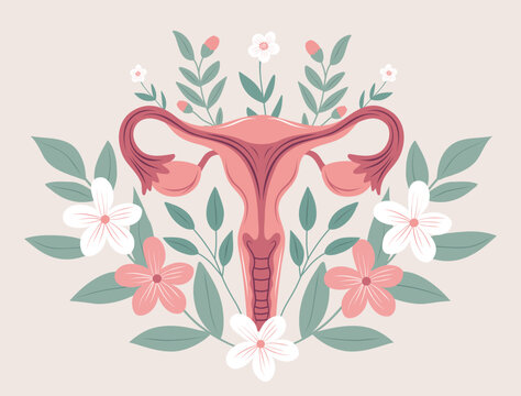 Detailed vector illustration of a uterus surrounded by flowers and leaves symbolizing fertility and health. The composition combines anatomical and botanical elements. Women's health.