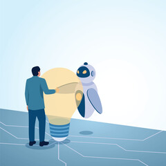 A man shaking hands with a robot in a big idea bulb. A metaphorical illustration for the integration of artificial intelligence, unification and the digital future.