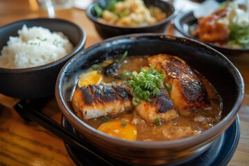 Traditional Japanese breakfast showcasing miso soup with grilled salmon, egg, and a side of rice, served on a wooden table