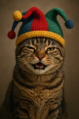 A tabby cat wearing a colorful jester hat, winking playfully. The whimsical expression adds humor and charm.