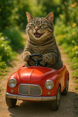 Cute tabby cat joyfully driving a red toy car on a sunny garden path.