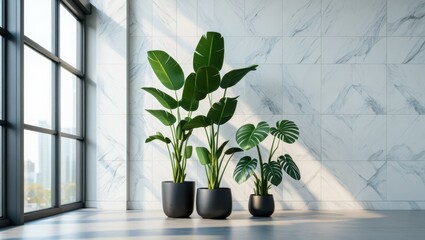 Modern interior with potted plants and large windows, creating a serene and stylish atmosphere with natural light.