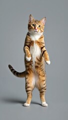 Cute tabby cat standing on hind legs against a gray background, looking curious and playful.