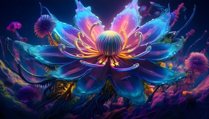 Obraz premium Bioluminescent alien flower blooming in a dark fantasy world