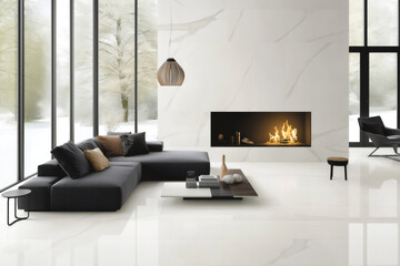 Cozy modern living room with a built in fireplace, large windows overlooking a snowy landscape, a comfortable sofa and a designer lamp