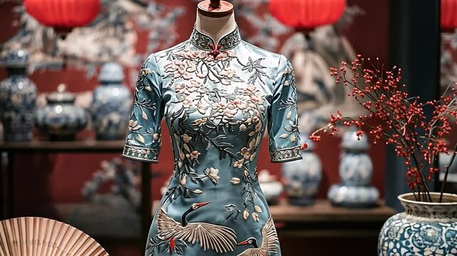 silk cheongsam with crane embroidery video chinese attire