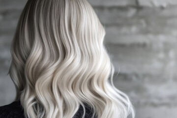 Naklejka premium Long wavy blonde hair flowing gracefully against a gray background, highlighting a modern and trendy hairstyle perfect for any fashion forward woman