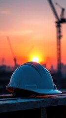 Fototapeta na wymiar A construction helmet sits as the sun sets behind cranes and buildings