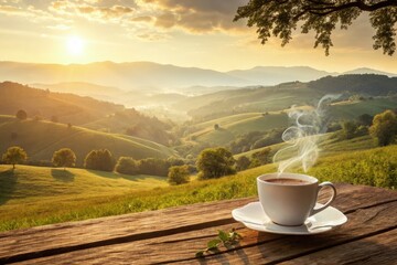 Warm Coffee Cup at Sunrise With Mountain View Generative AI