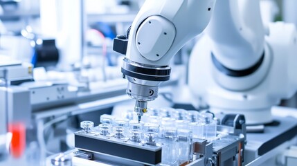 Robotic arm assembling automated medical diagnostic devices, high-tech robotic arm assembling intricate diagnostic instruments used in medical testing, High-tech style
