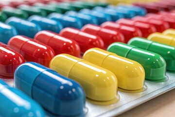 Closeup of Vibrant Capsule Medicines in Detailed Arrangement Generative AI