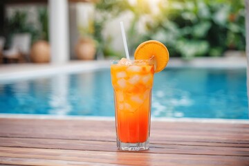 Creative portrait of a tropical drink at the swimming pool with copy space