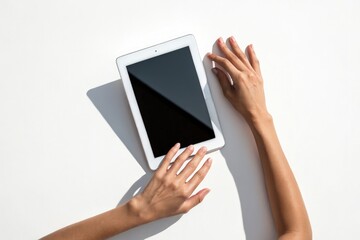 Closeup of Hands Using a Tablet on a Clean White Surface Generative AI