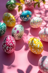 Decorative vertical Easter eggs featuring vibrant floral and dotted designs on a pink surface. Generated AI