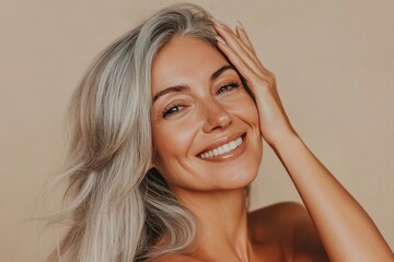 Portrait of a smiling woman showcasing natural beauty and beauty, confidently expressing joy. Generated AI