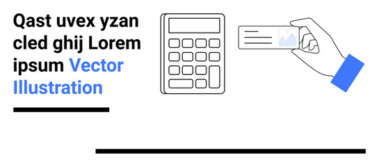 Hand extended with card near calculator, abstract text and bold colors. Ideal for finance, e-commerce, accounting, payment systems, transaction processes, modern UI, simple landing page