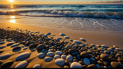 Golden sunset illuminating smooth pebbles and waves gently washing ashore on a tranquil beach