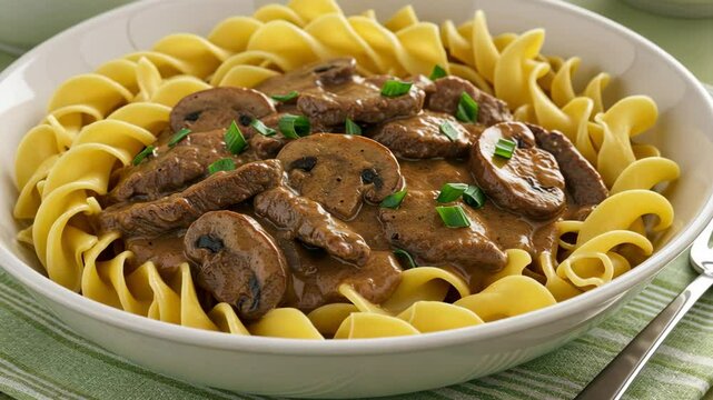 Savory beef stroganoff with egg noodles and mushrooms prepared at home