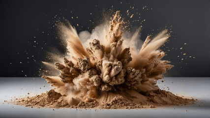 Beige powder exploding creating a big cloud on a gray background