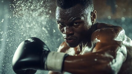 Fototapeta premium An intense close-up of a boxer with black gloves, sweat dripping, displaying power and determination in a gritty, hard-hitting boxing match.