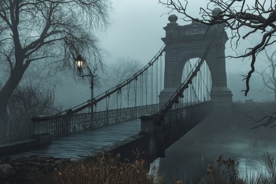 Fog envelops an ancient suspension bridge at dawn near a misty riverbank