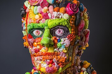 Frankenstein's sweet creature made of candy delights and sugary treats.